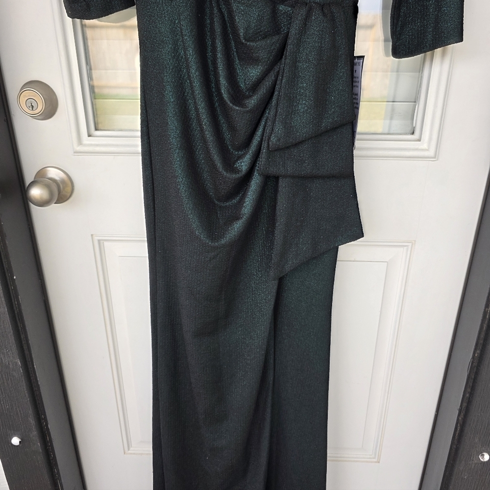 $249 XSCAPE Metallic-Threaded Gathered-Waist Dress Sz 8 Dark Green NWT - Picture 4 of 13